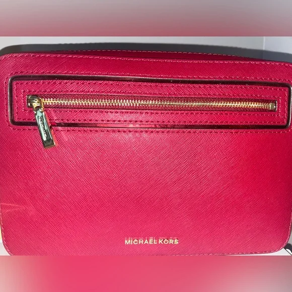 Michael Kors LG Frame Out Item Cherry Red Cross Grain Leather Crossbody Bag - Picture 8 of 16